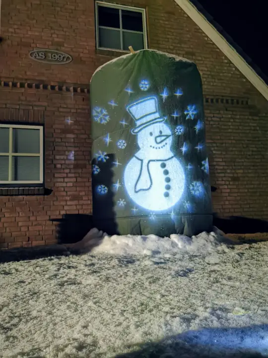 Eingepackte Palme im Winterschutz bei Schnee, nachts beleuchtet mit Schneemann-Motiv